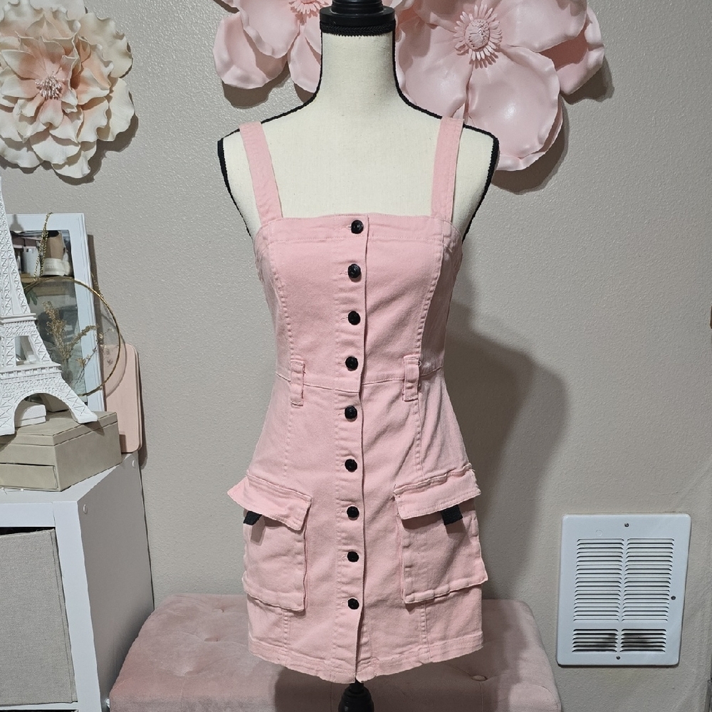H&M Pink Button Front Mini Dress | Utility Style | Pockets | Size S